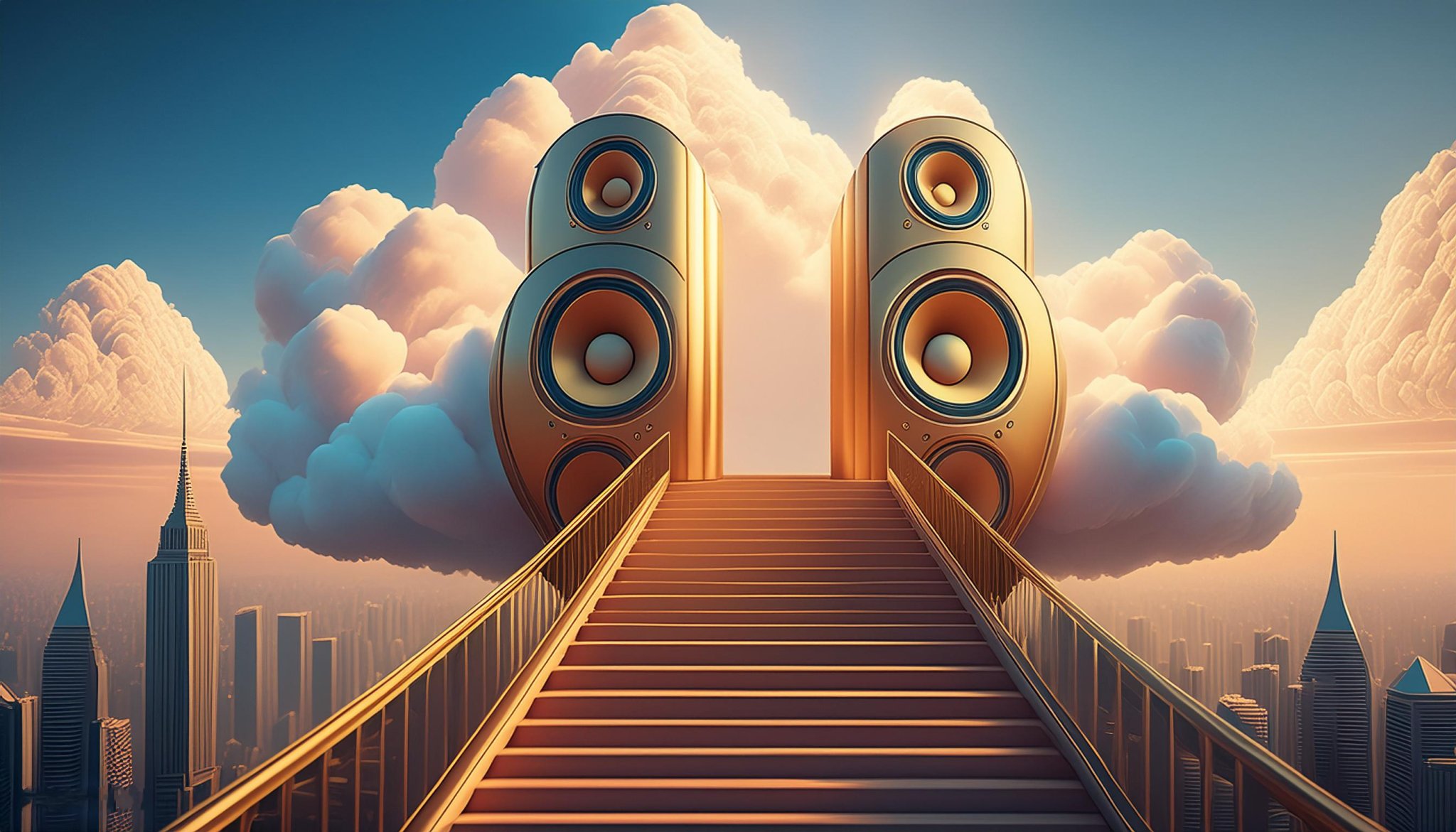 Firefly dreamlike, realistic depth, extra dimension, stairs up to clouds leading to massive pa...jpg