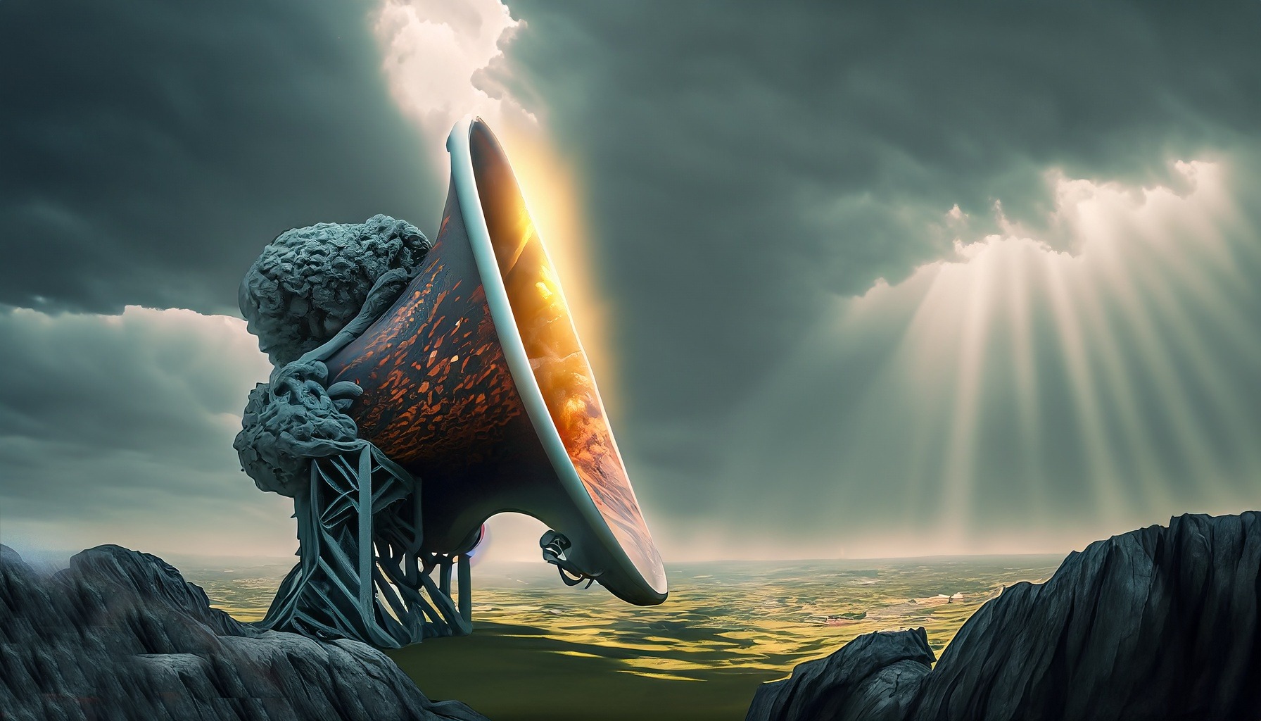 Firefly massive horn speakers in twisted reality, wonderland, mountain, storm cloud, sun ray, ...jpg