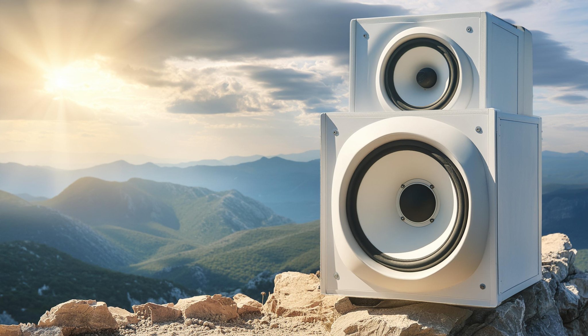Firefly Massive speakers in twisted reality, muted wonderland, mountain, storm cloud, sun rays...jpg