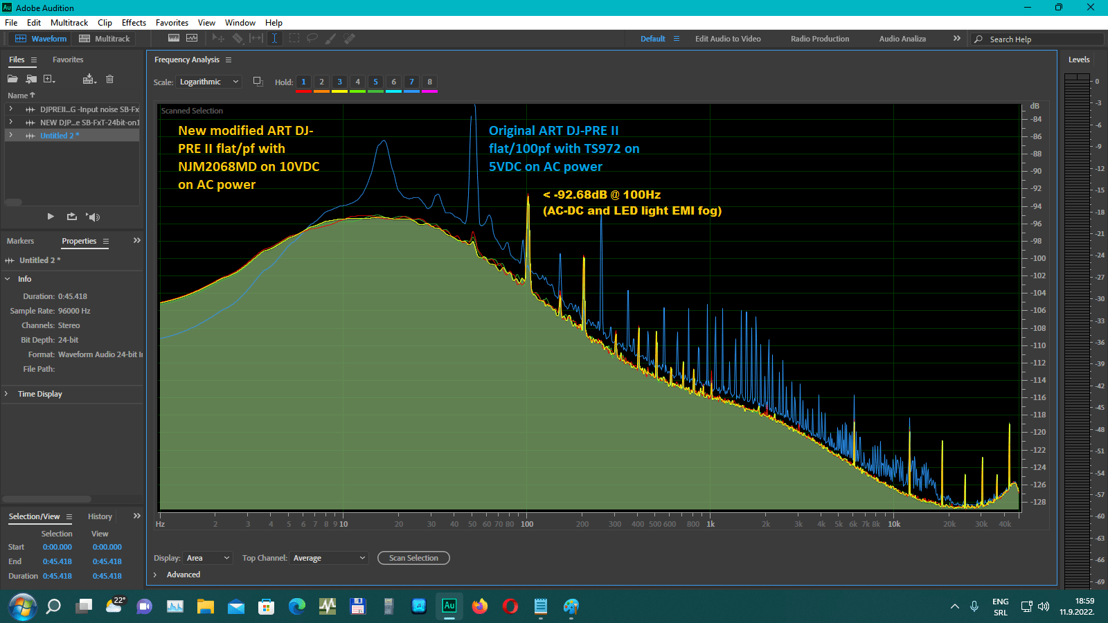 NEW(Flat-0pF)  vs Original DJ-Pre II (Blue) -- Nosie level comparation 50Om terminated inpout ...png