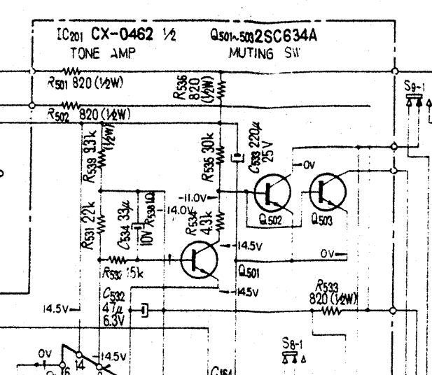 Sony TA1150 tone amp snd muting showing 0.5W 820 ohm resistors.PNG