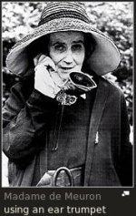 NḾadame de Meuron using an ear trumpet.jpg