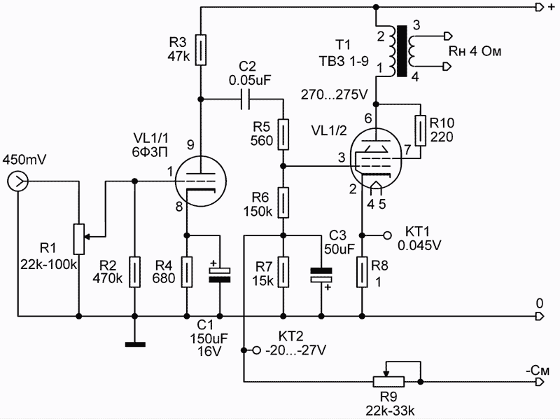Схема лампового усилителя на 6Ф3П с фиксированным смещением