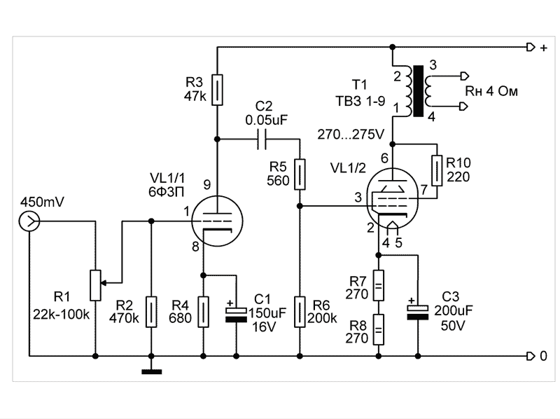 Схема лампового усилителя на 6Ф3П с автоматическим смещением