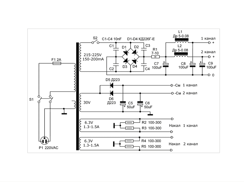 Схема блока питания лампового усилителя на 6Ф3П